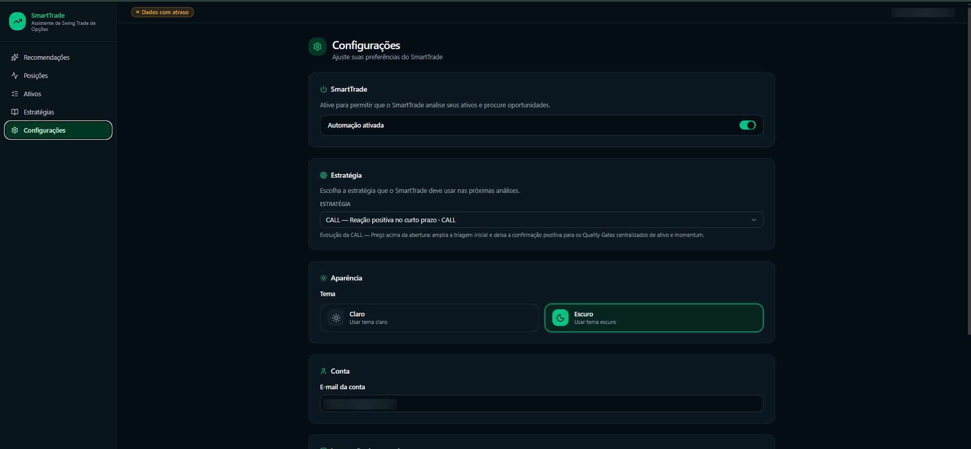 Configurações do SmartTrade com automação, estratégia e preferências