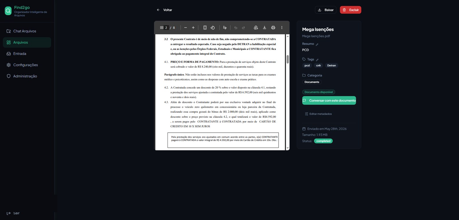 Arquivo do Find2Go com metadados, status do documento e ação Conversar com este documento