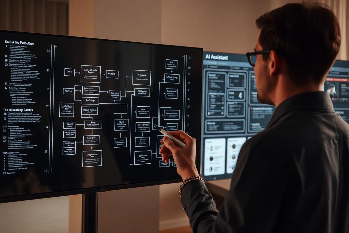 Pessoa desenhando a arquitetura de um aplicativo junto de painéis de software e IA