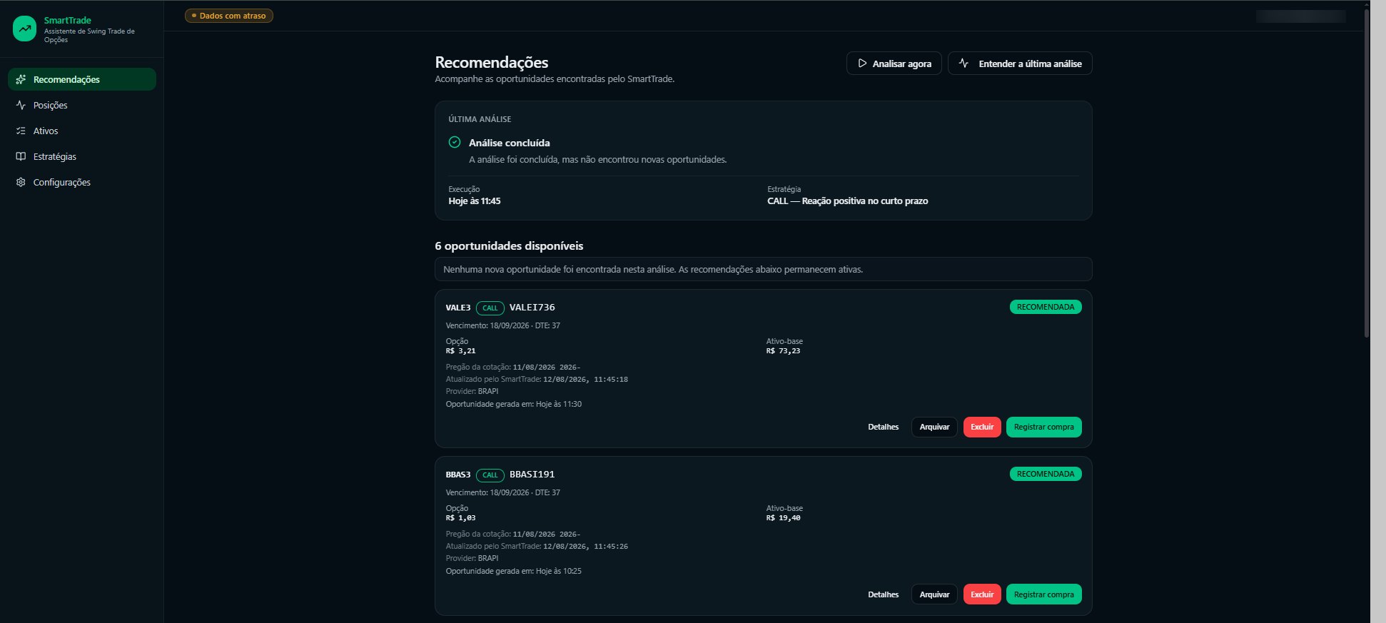 Recomendações do SmartTrade com análise concluída e oportunidades disponíveis